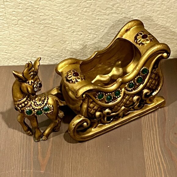 Lefton Gold Sleigh & Reindeer Red Green Jewels Christmas Ceramic w/Sticker Japan - Picture 2 of 16